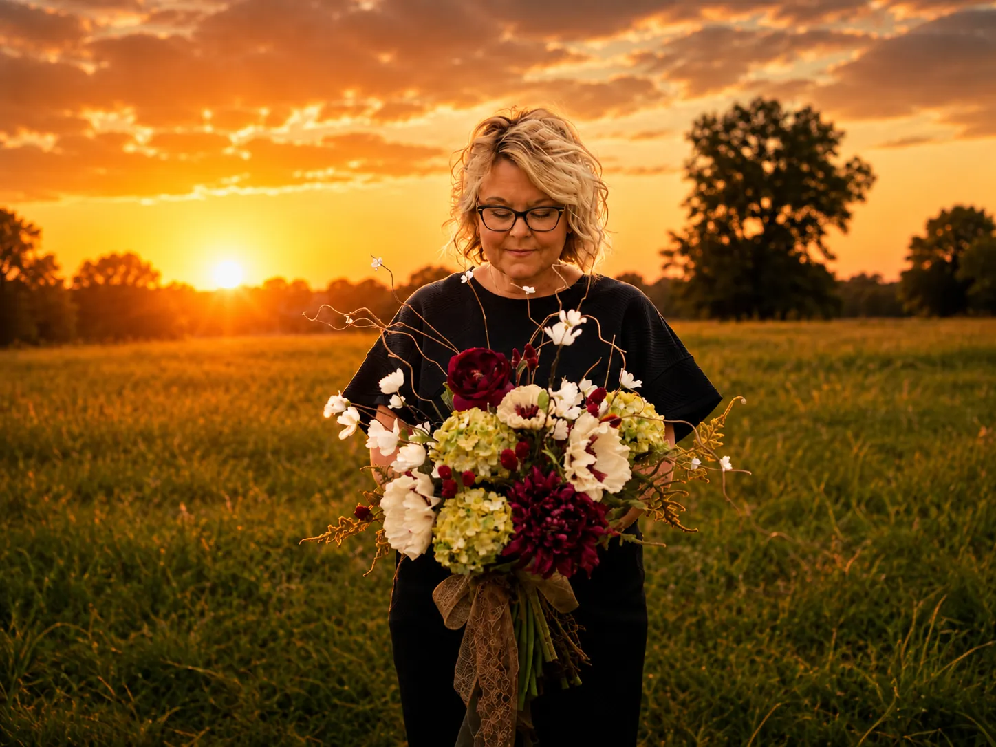 Floravend founder holding a bouquet at sunset